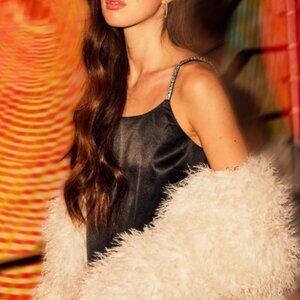 Open Edit Black Rhinestone Strap Satin Minidress, Size M